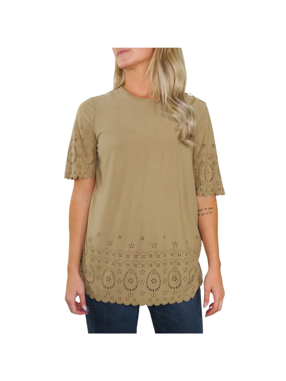 Anthro Tan Suede Laser Cut Out Casual Boho Hippie Minimalist Blouse Small